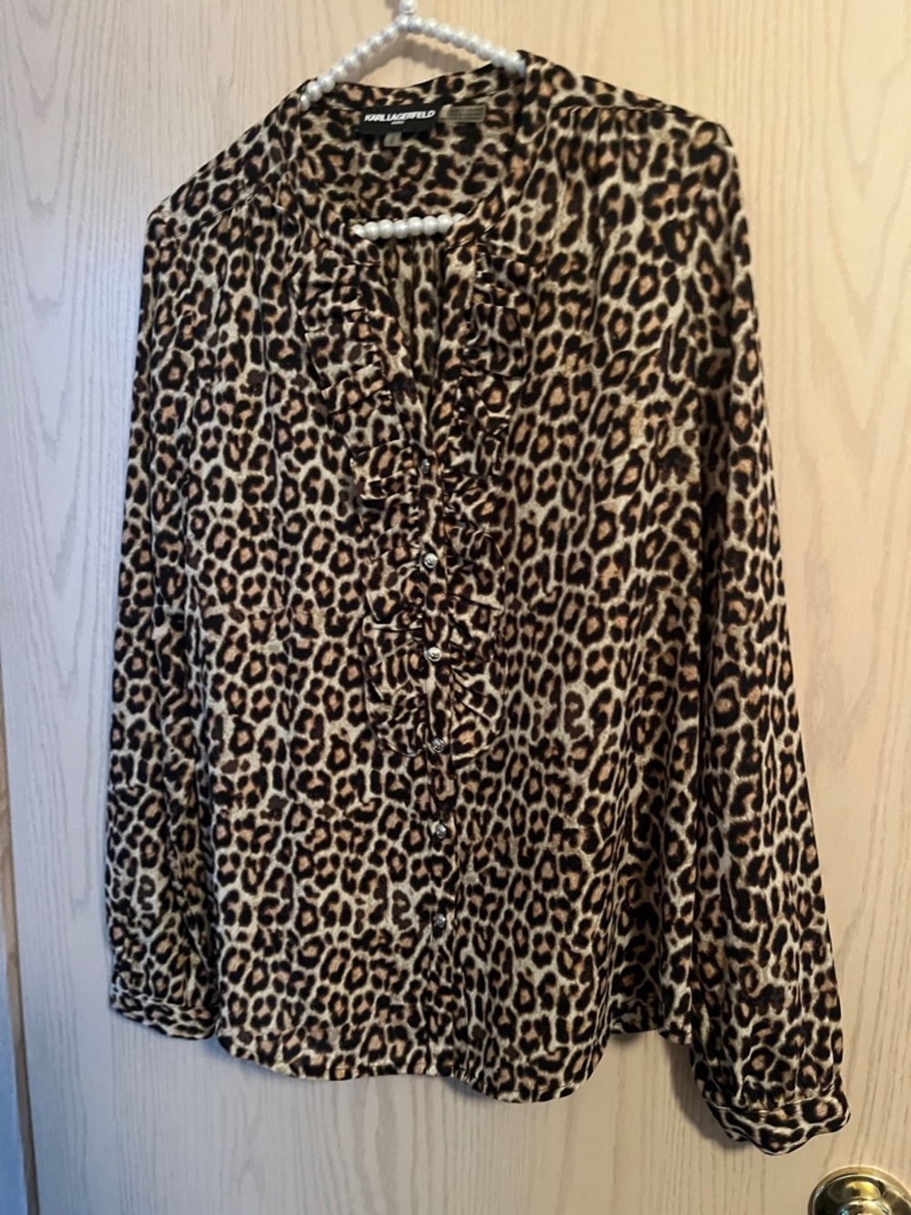Karl Lagerfeld Leopard Print Ruffle Front Blouse in Tan, Black, Brown